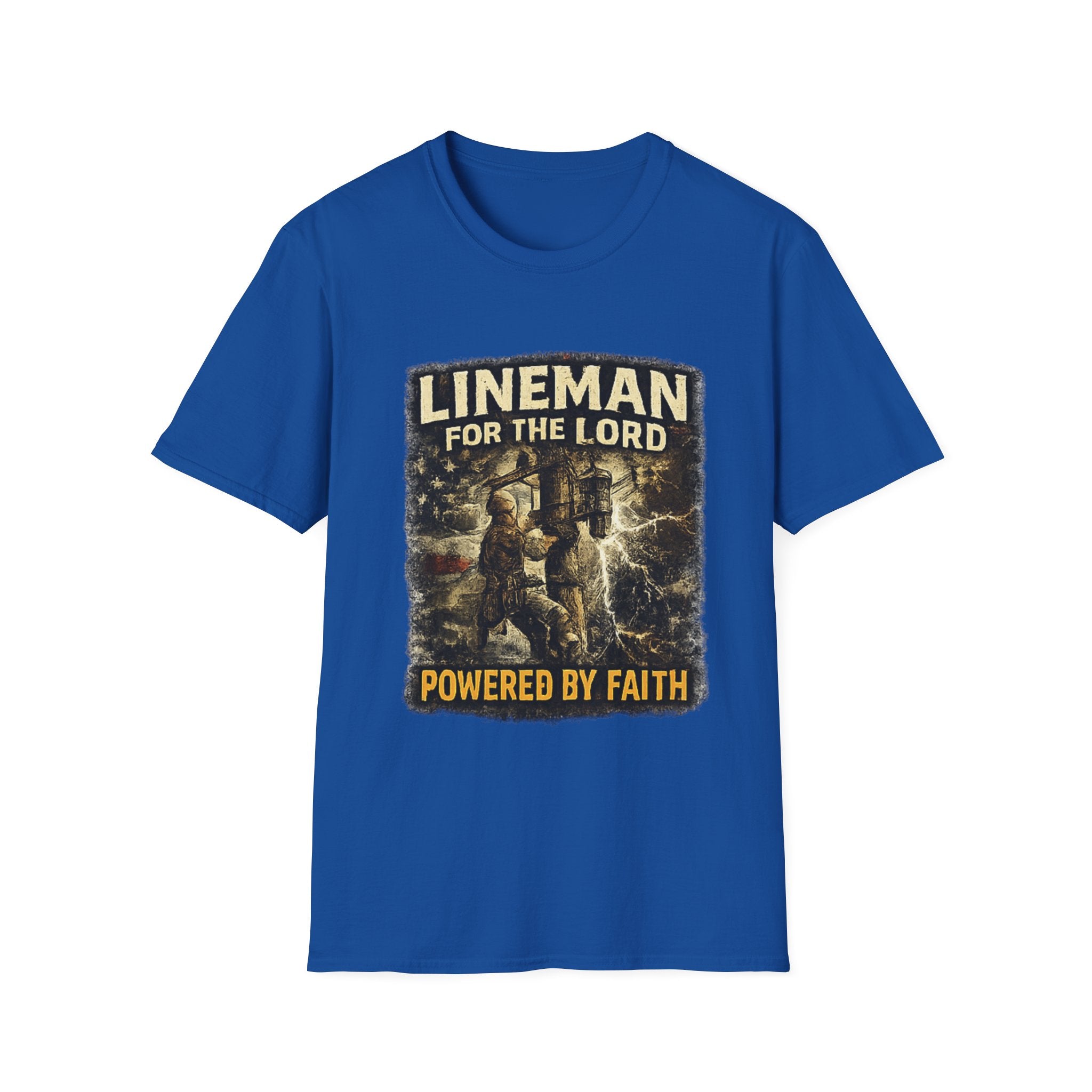Lineman For The Lord T-Shirt – “Powered By Faith” Christian Lineman Tee