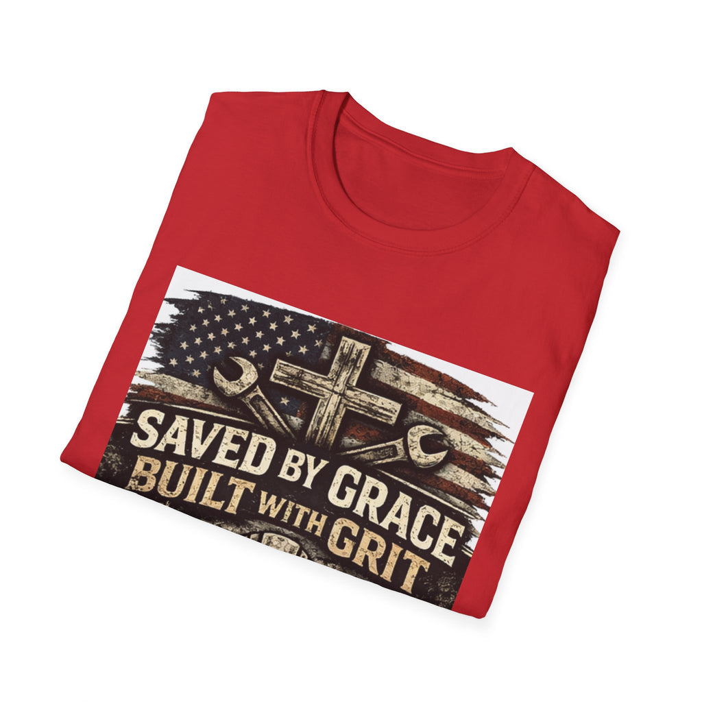 Saved by Grace Built with Grit T-Shirt — Christian Construction Worker Tee
