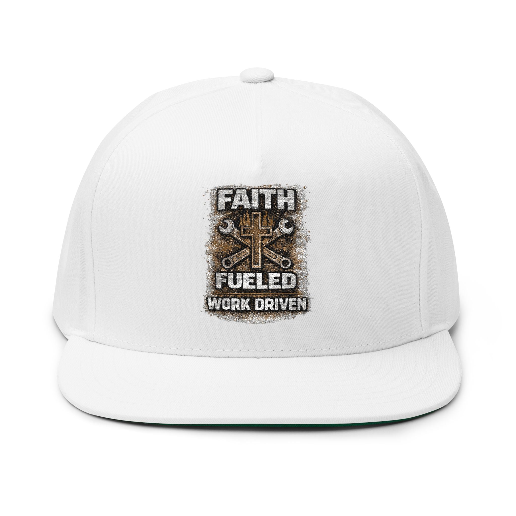 Faith Fueled Flat Bill Cap — Embroidered Work Driven Snapback