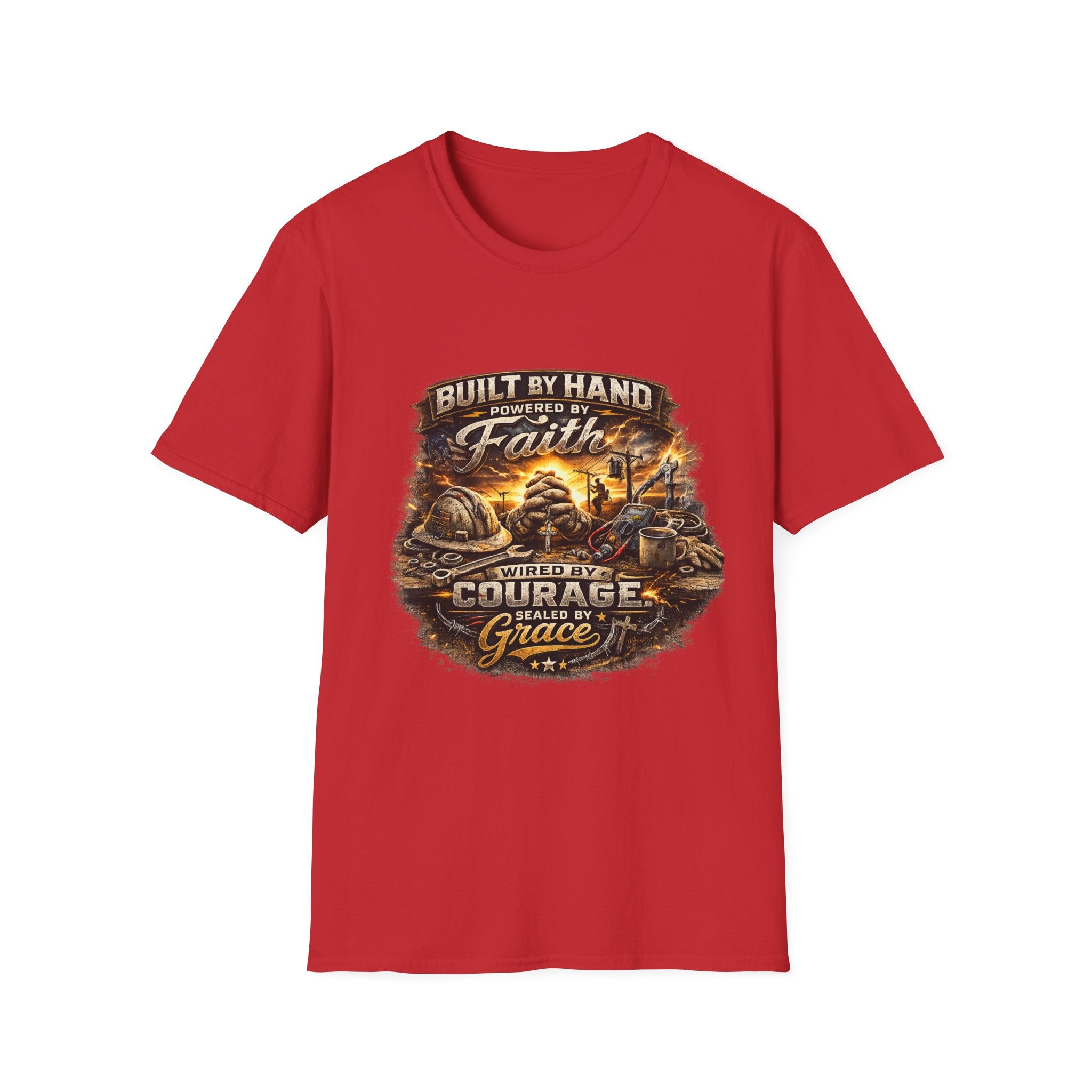 Built by Hand Mechanic T-Shirt – "Built by Hand, Powered by Faith, Home by Courage" Vintage Workshirt