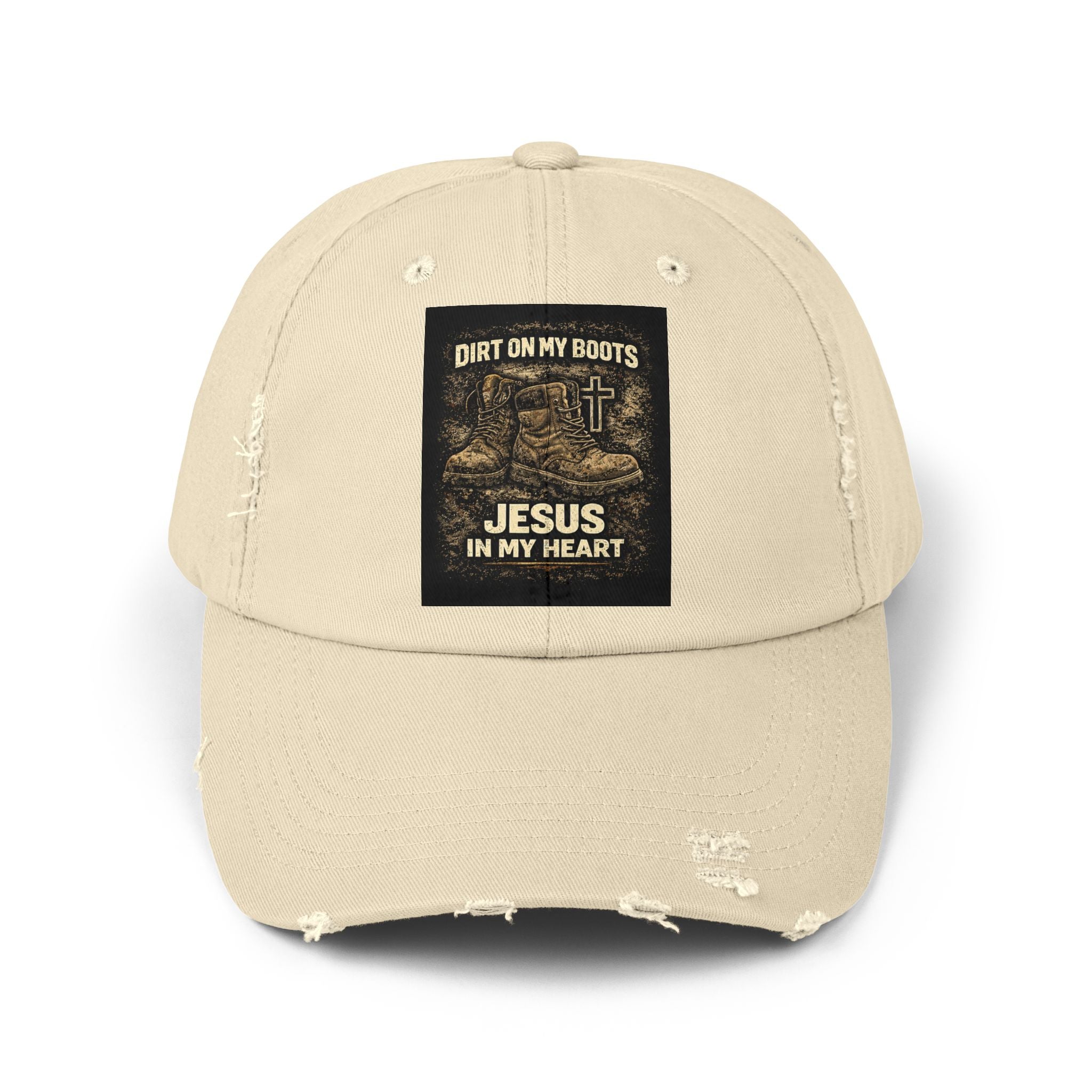 Distressed Baseball Cap — "Dirt on My Boots, Jesus in My Heart" Christian Hat