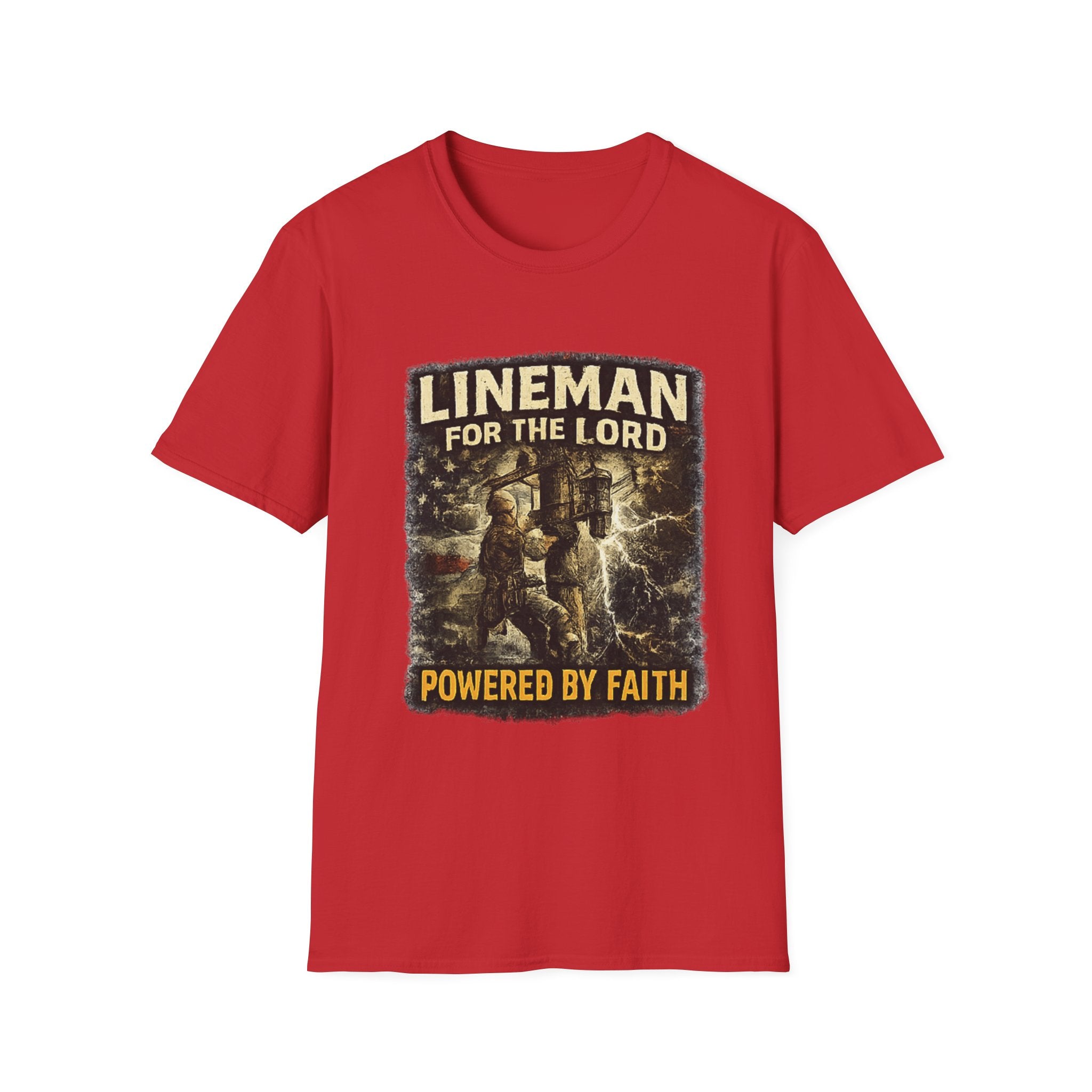 Lineman For The Lord T-Shirt – “Powered By Faith” Christian Lineman Tee
