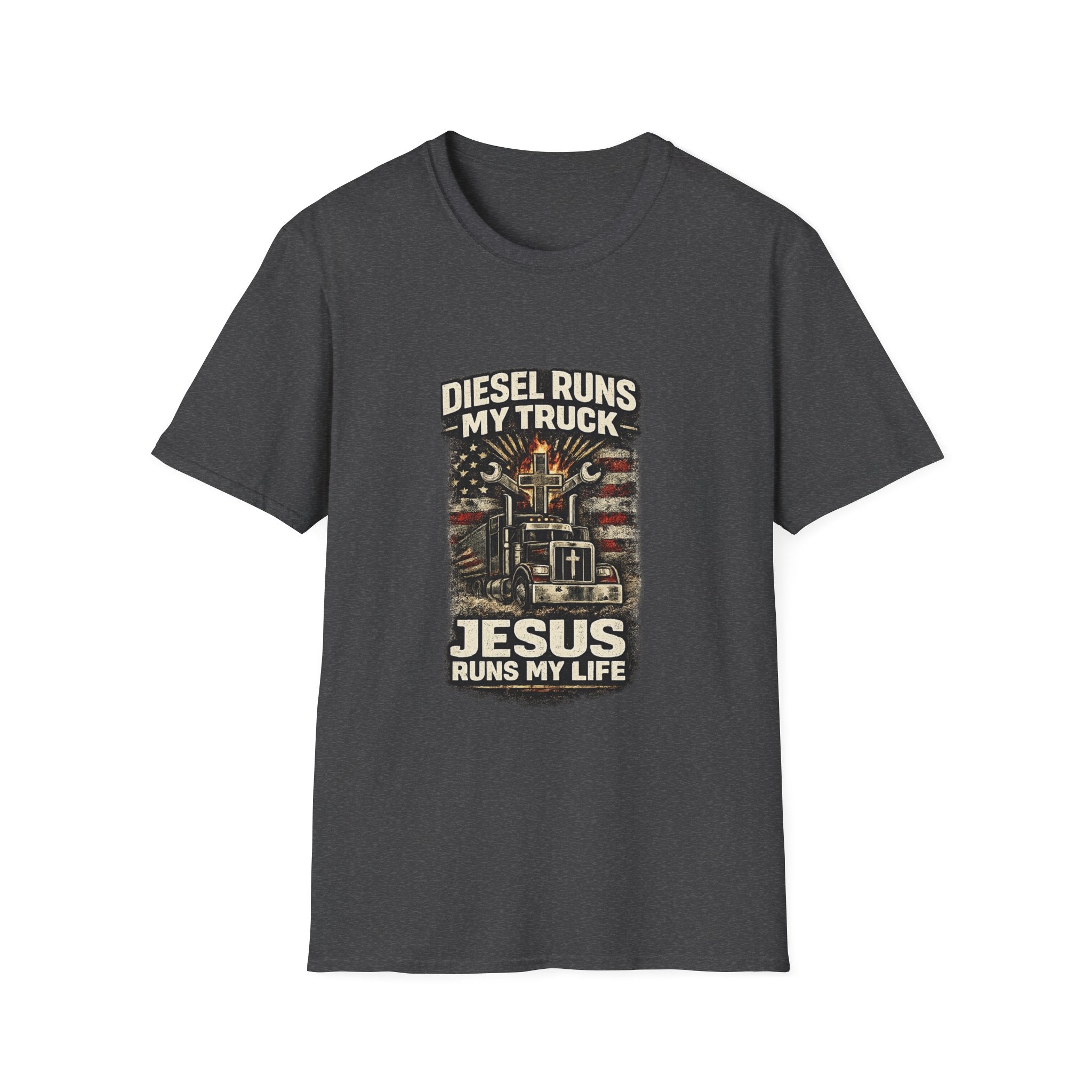 Christian Trucker T-Shirt — "Diesel Runs My Truck, Jesus Runs My Life" Vintage Design