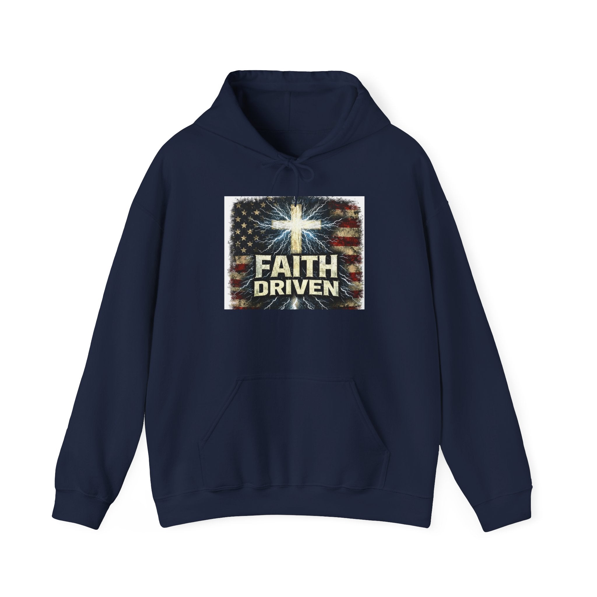 Faith Driven Hoodie — Christian Cross & American Flag Pullover