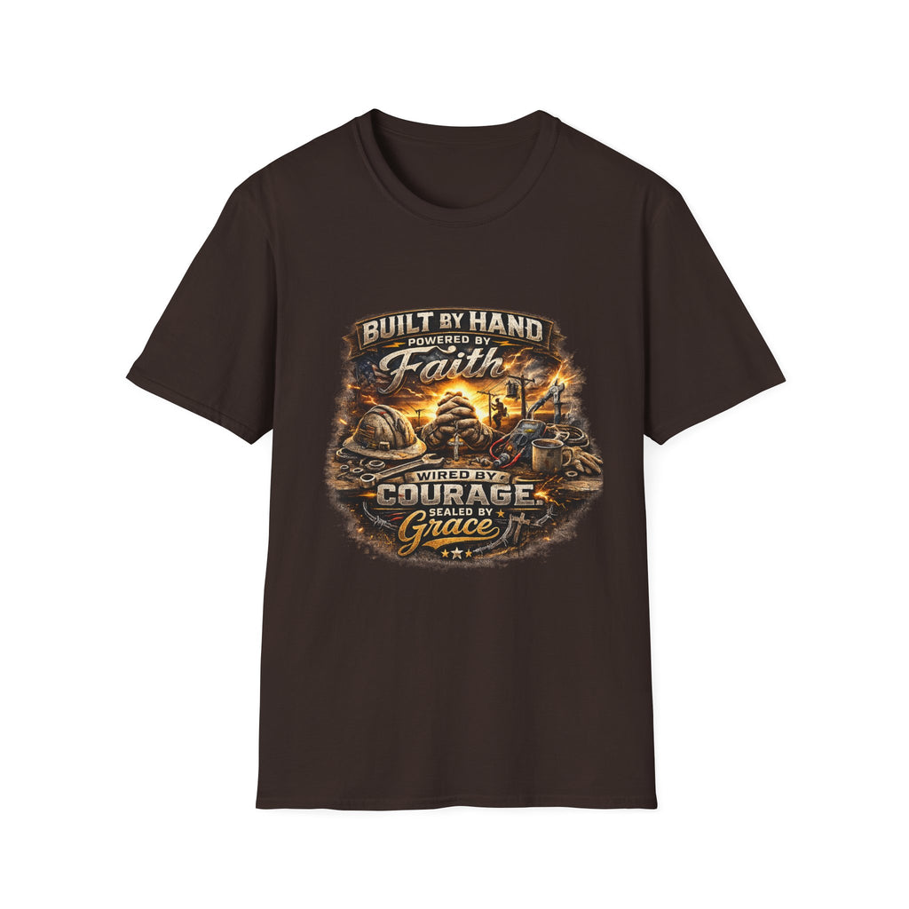 Built by Hand Mechanic T-Shirt – "Built by Hand, Powered by Faith, Home by Courage" Vintage Workshirt