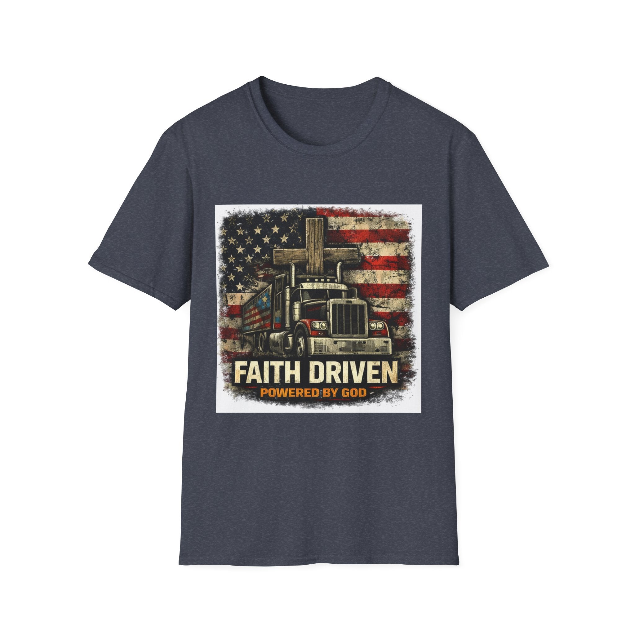 Faith Driven Trucker T-Shirt — "Powered by God" American Flag Design