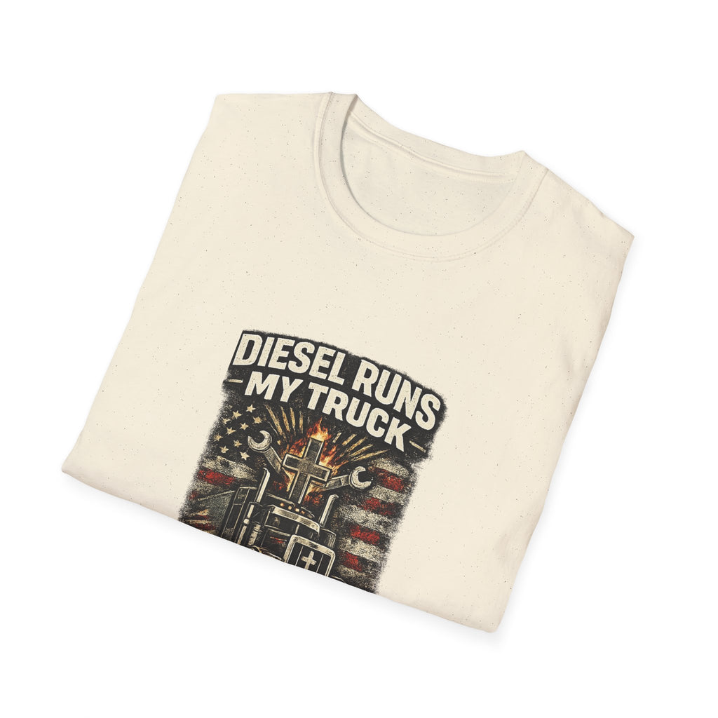Christian Trucker T-Shirt — "Diesel Runs My Truck, Jesus Runs My Life" Vintage Design
