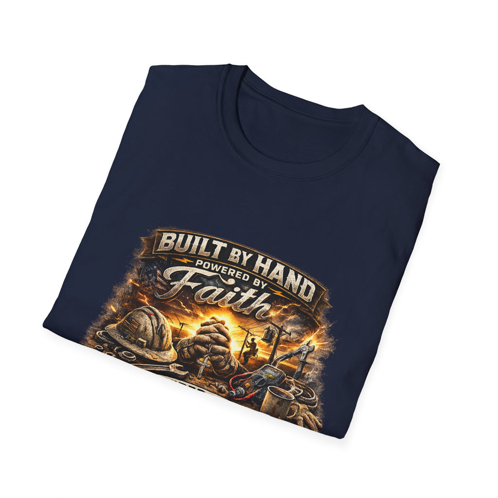 Built by Hand Mechanic T-Shirt – "Built by Hand, Powered by Faith, Home by Courage" Vintage Workshirt