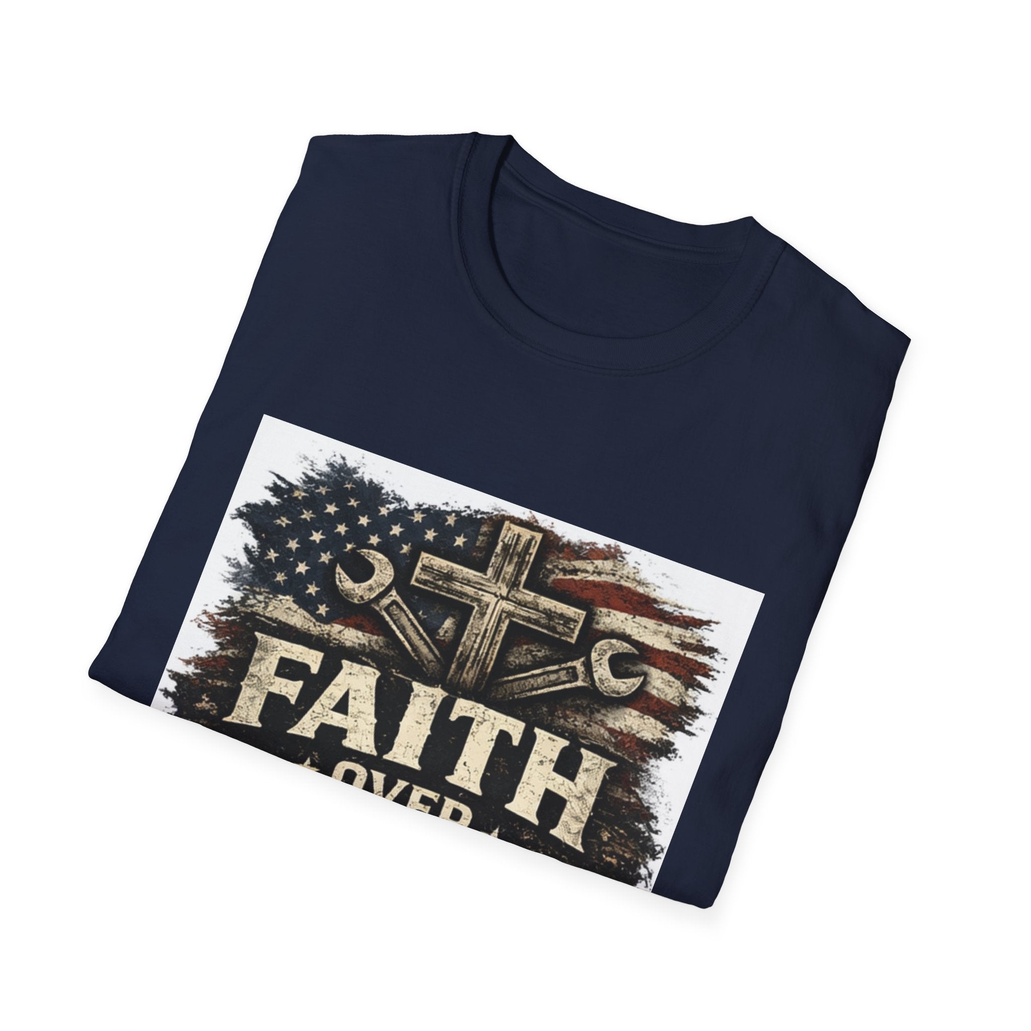 Faith Over Fear T-Shirt — Christian Cross & American Flag Graphic